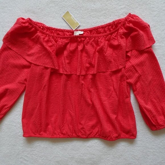 Michael Kors Off Shoulder Top Plus Size 3X Pink Orange Coral Ruffle Peasant - Picture 3 of 9